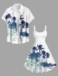 Tenue de plage hawaïenne assortie grande taille à imprimé feuilles de cocotier et fleurs d'hibiscus pour couples - Blanc 