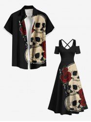 Tenue assortie grande taille pour couples, motif tête de mort, roses et fleurs, pour Halloween - Noir 