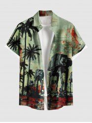 Chemise hawaïenne grande taille à imprimé robot cocotier et éclaboussures de peinture, boutons et poches pour homme - Vert 4XL