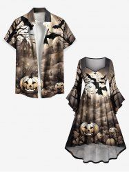Halloween Pumpkin Bat Tree Castle Print Plus Size Matching Outfit For Couples -  