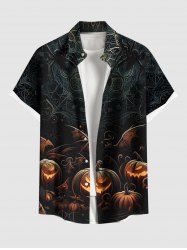 Plus Size Halloween Pumpkin Bat Floral Pattern Print Buttons Pocket Shirt For Men -  