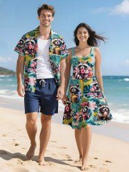 Flowers Tropical Leaf Raccoon Print Plus Size Matching Hawaii Beach Outfit For Couples -  