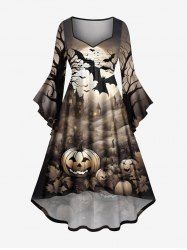 Plus Size Halloween Pumpkin Bat Tree Castle Print Ruched High Low Flare Sleeves Dress -  