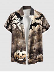 Plus Size Halloween Pumpkin Bat Tree Castle Print Buttons Pocket Shirt For Men -  