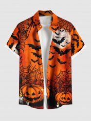 Plus Size Pumpkin Spider Web Bat Moon Print Halloween Button Pocket Shirt For Men -  