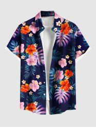 Chemise hawaïenne grande taille à imprimé feuilles tropicales et fleurs d'hibiscus pour homme - Bleu Marine S
