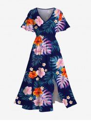 Plus Size Tropical Leaf Hibiscus Flower Print Hawaii Split Pocket A Line Midi Dress -  