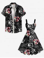 Ombre Rose Flower Leaves Branch Print Plus Size Matching Hawaii Beach Outfit For Couples -  
