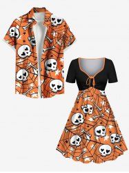 Halloween Skull Bone Spider Web Star Print Plus Size Matching Outfit For Couples -  