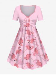Plus Size Flamingo Coconut Tree Print Cinched Hawaii Dress -  