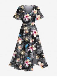 Plus Size Hibiscus Flowers Leaf Print Split Hawaii Midi Dress -  