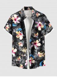 Chemise hawaïenne grande taille à imprimé feuilles d'hibiscus et boutons avec poche pour homme - Noir 6XL