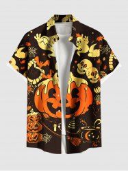 Plus Size Halloween Pumpkin Bat Skull Ghost Print Buttons Pocket Shirt For Men -  