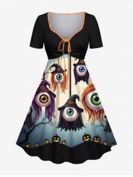 Robe trapèze cintrée grande taille à imprimé citrouille et lune pour Halloween - Noir S