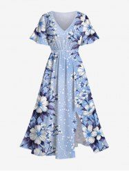 Plus Size Flower Leaf Print Hawaii Split Pocket A Line Midi Dress -  