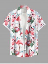 Chemise hawaïenne grande taille à imprimé flamant rose et feuilles tropicales pour homme - Blanc L
