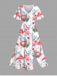 Robe mi-longue trapèze grande taille à imprimé flamant rose et feuilles tropicales, hibiscus, fleurs, hawaïennes, poches fendues - Blanc XXS