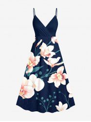 Robe camisole trapèze à imprimé floral, feuilles et branches, grande taille, style hawaïen - Bleu Marine M