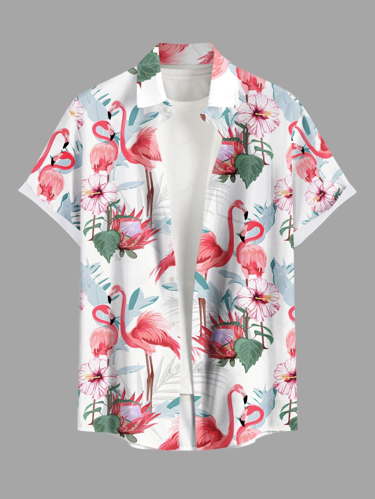 Chemise hawaïenne grande taille à imprimé flamant rose et feuilles tropicales pour homme Blanc 3XL