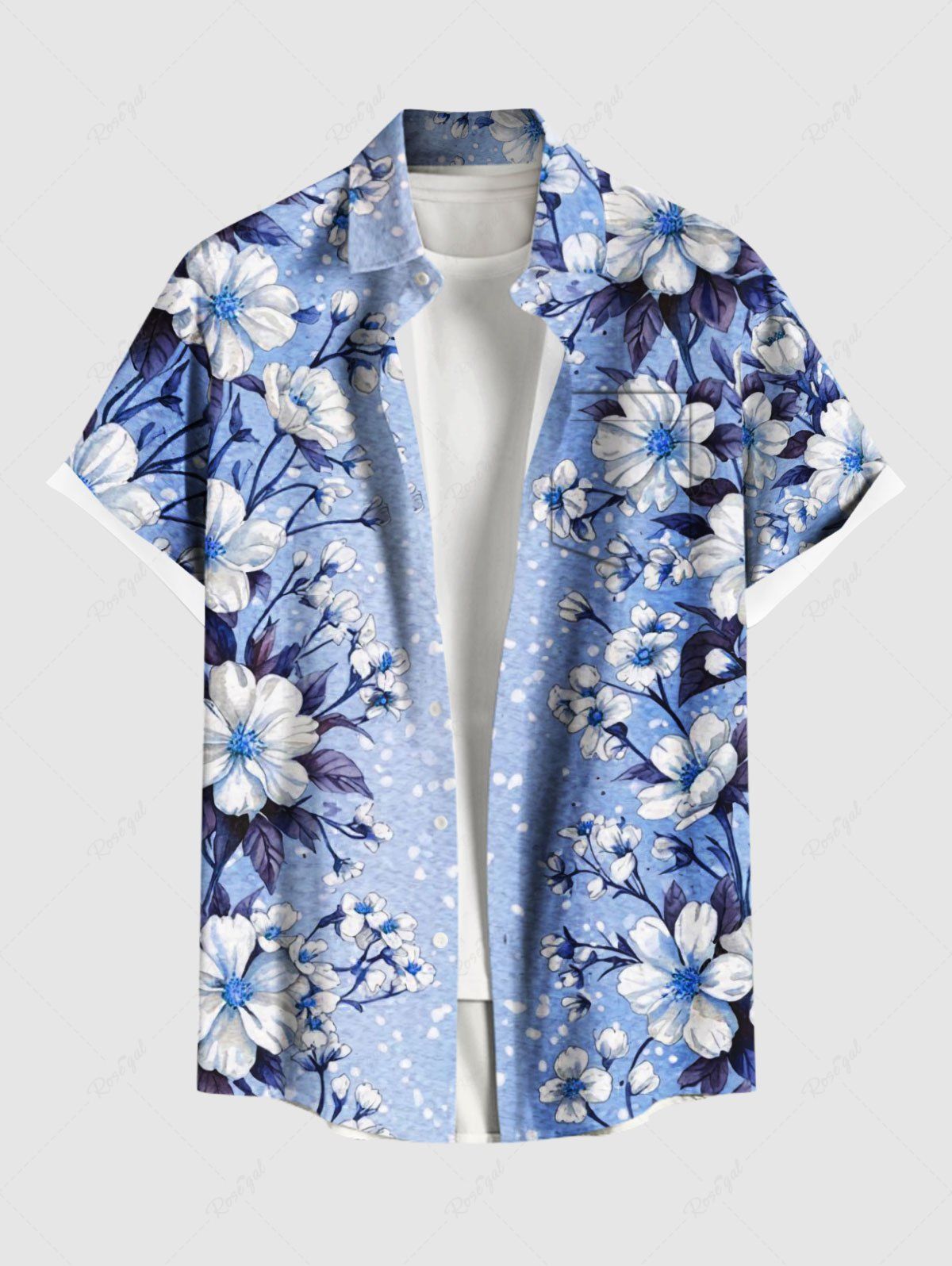 Chemise hawaïenne grande taille à imprimé fleurs et feuilles avec poches boutonnées pour homme Bleu Ciel M