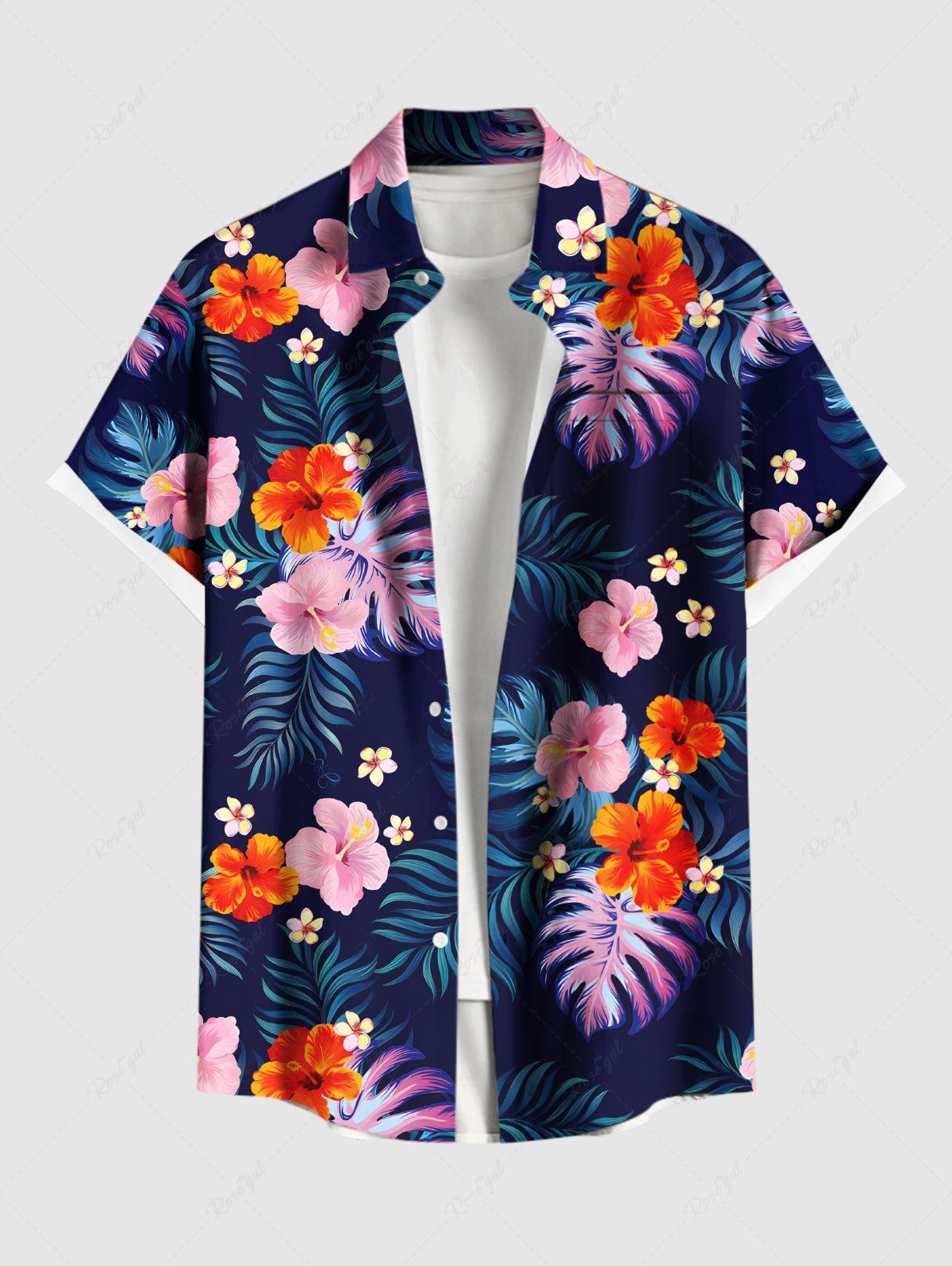 Chemise hawaïenne grande taille à imprimé feuilles tropicales et fleurs d'hibiscus pour homme Bleu Marine S