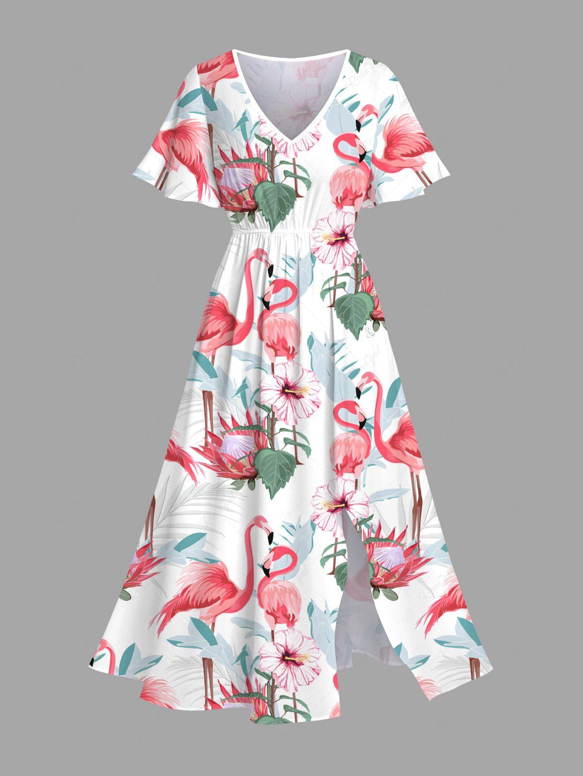 Robe mi-longue trapèze grande taille à imprimé flamant rose et feuilles tropicales, hibiscus, fleurs, hawaïennes, poches fendues Blanc 6X
