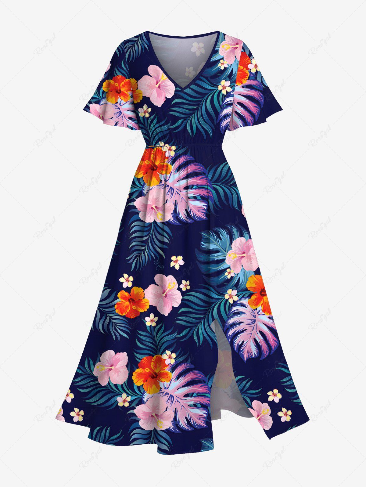 Robe mi-longue hawaïenne grande taille à imprimé feuilles tropicales et fleurs d'hibiscus Bleu profond XXS