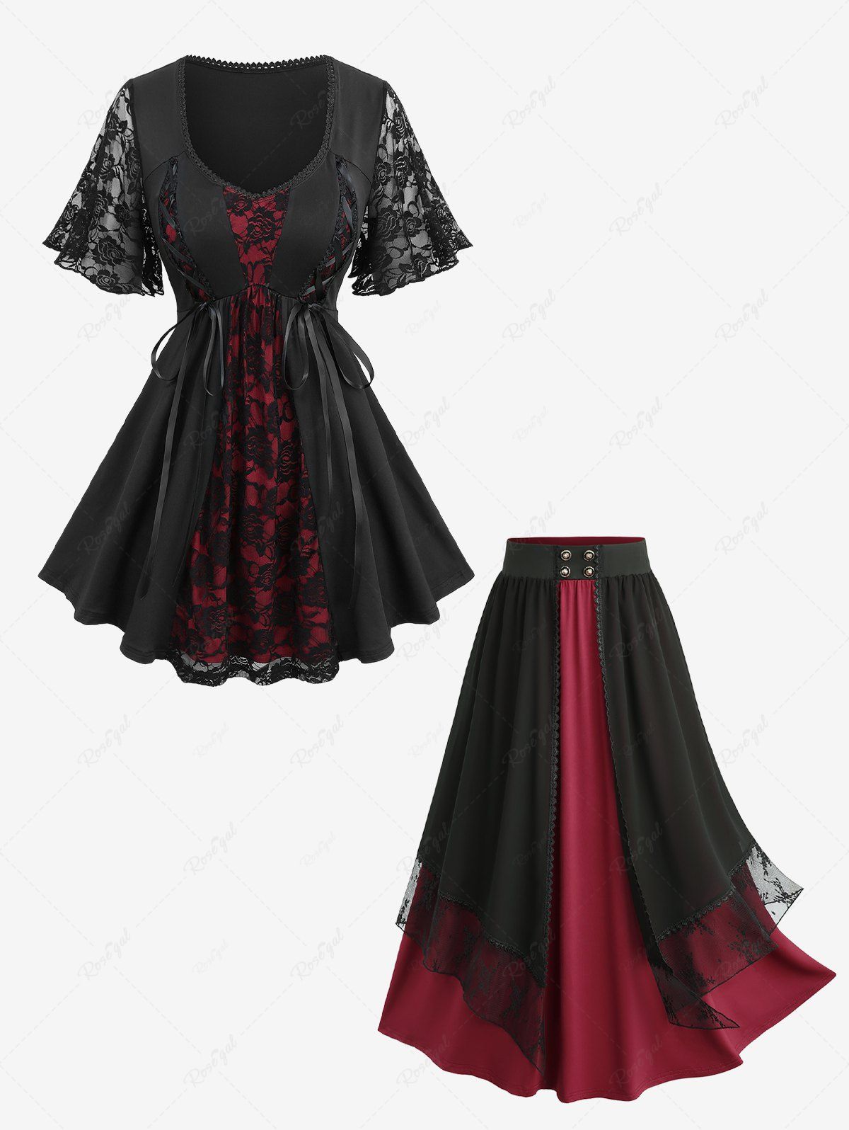 Affordable Rose Flower Lace Patchwork Lace-up Top and Layered Chiffon A Line Skirt Plus Size Outfit  