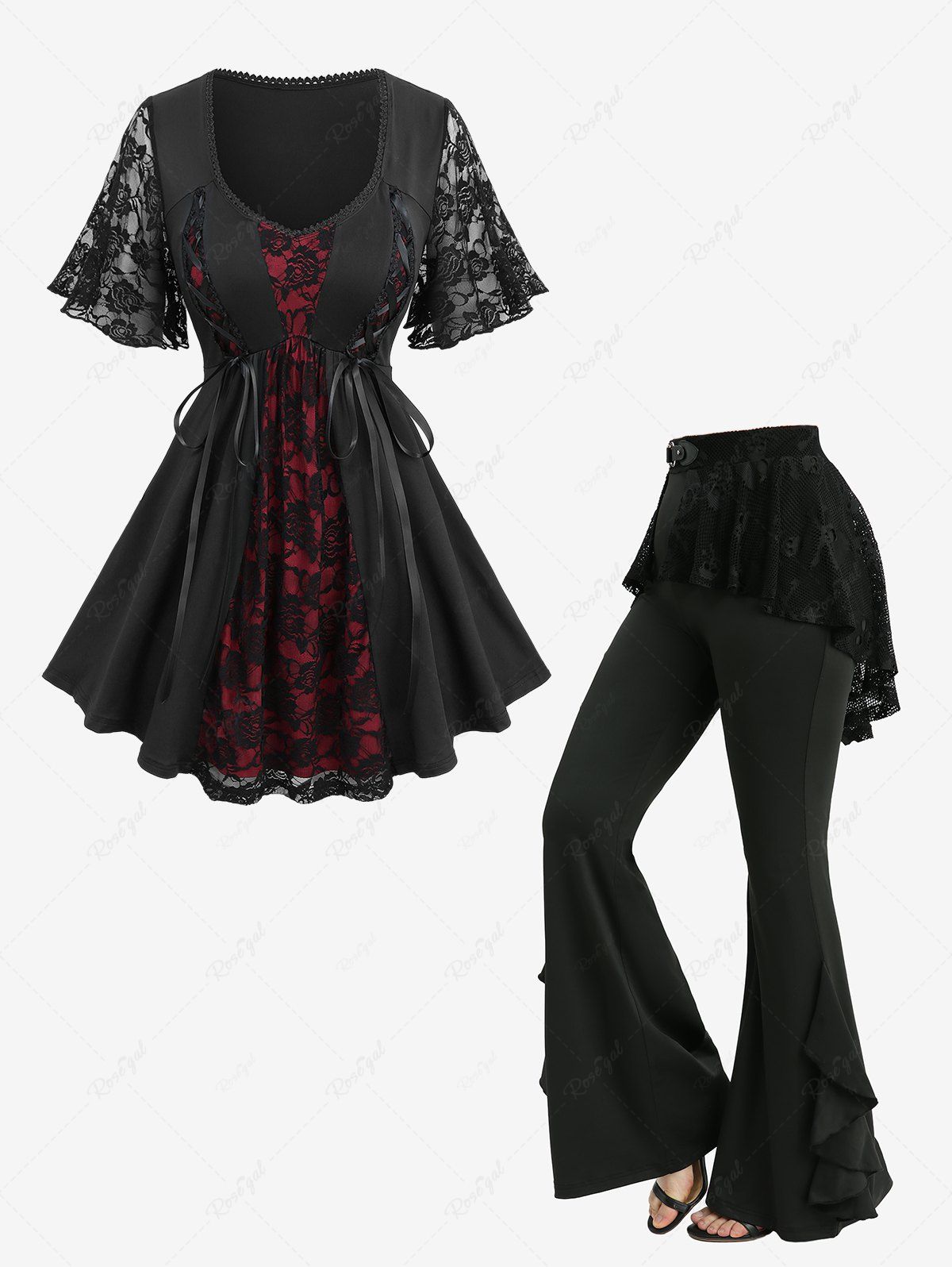 Haut à lacets en dentelle à fleurs roses et superposition de résille à volants et pantalon évasé à jupe à têtes de mort, tenue grande taille Noir 