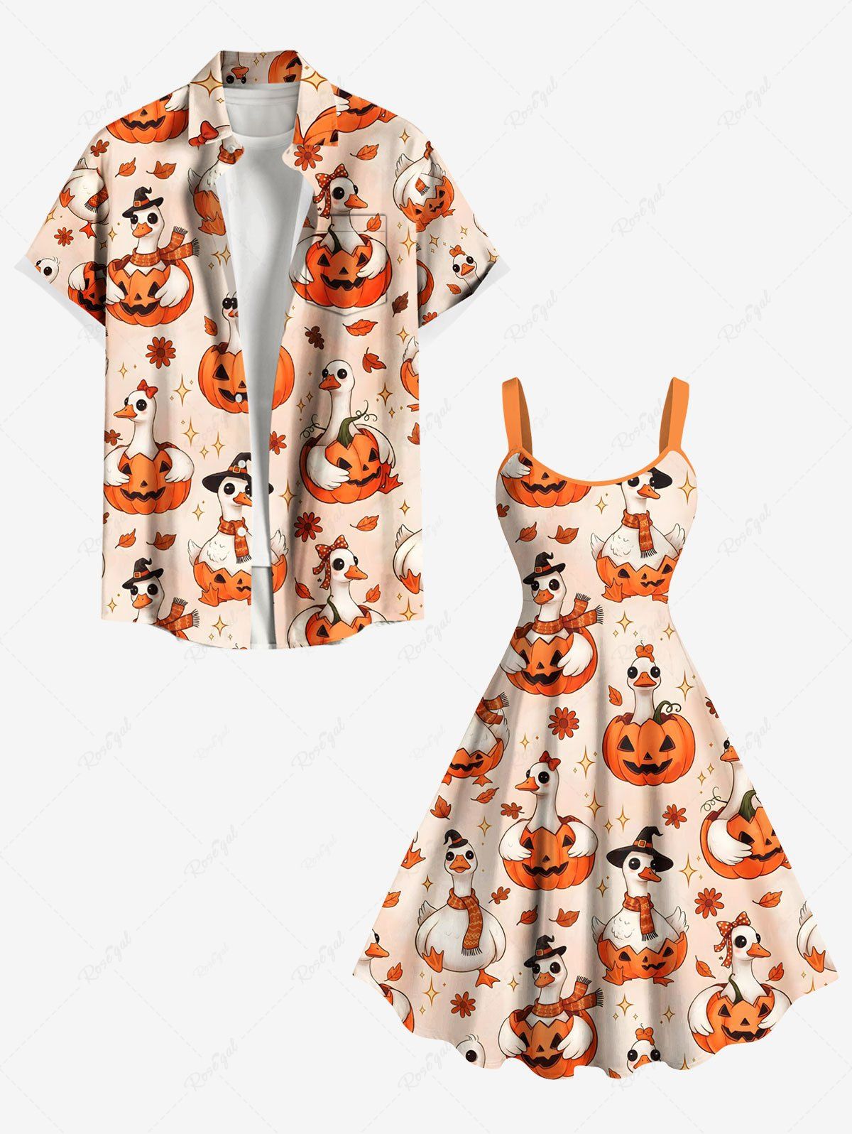 Tenue d'Halloween mignonne, motif citrouille, oie, fleurs, étoiles, grande taille, assortie pour les couples orange clair 