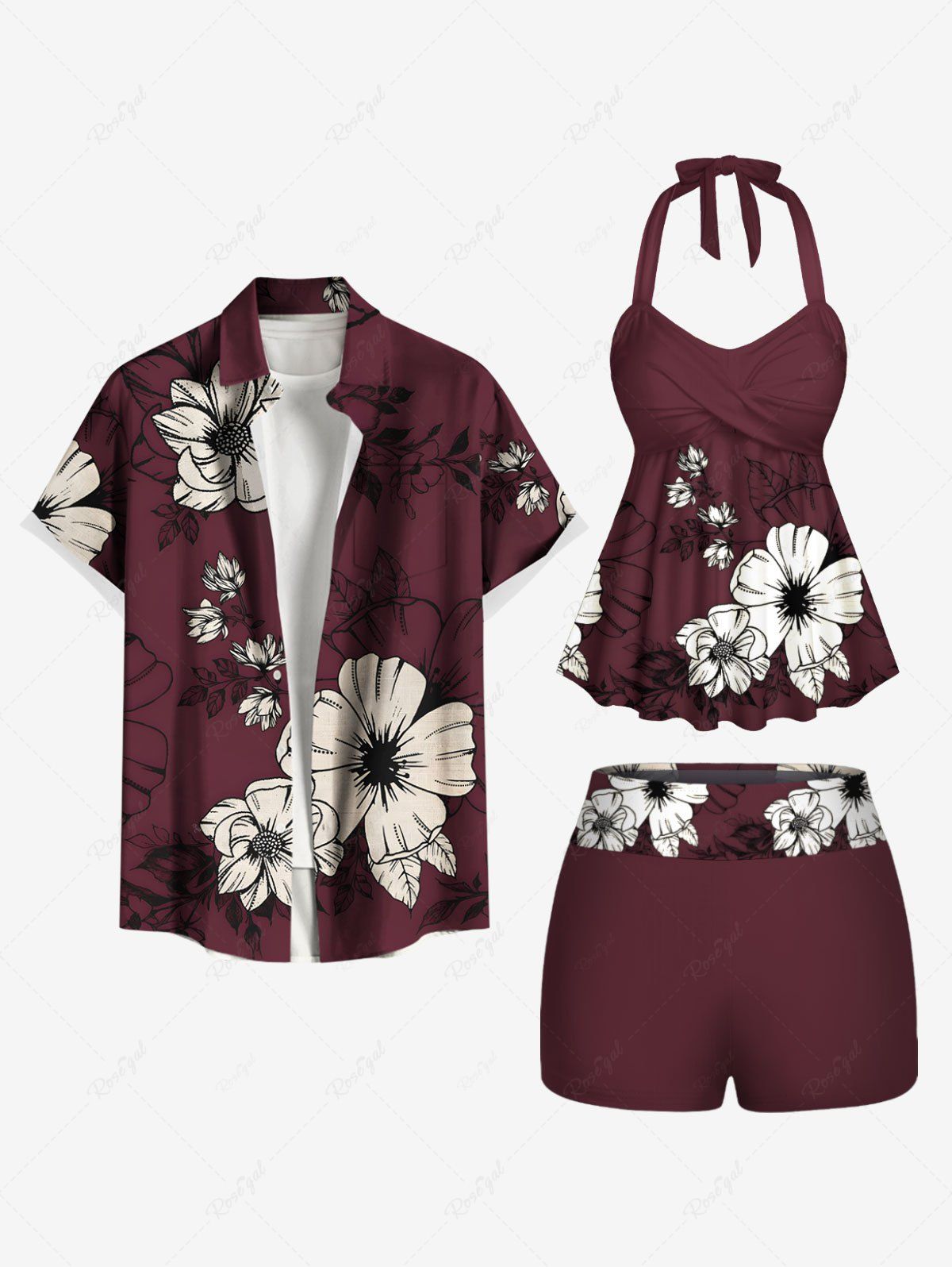 Discount Hibiscus Flower Branch Print Shirt Swimsuit Plus Size Matching Hawaii Beach Outfit For Couples  