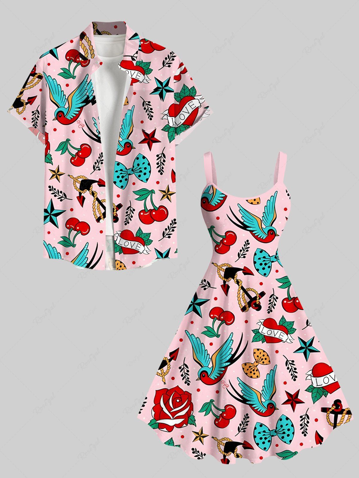 Shop Rose Flower Bird Cherry Bowknot Heart Anchor Print Plus Size Matching Hawaii Beach Outfit For Couples  