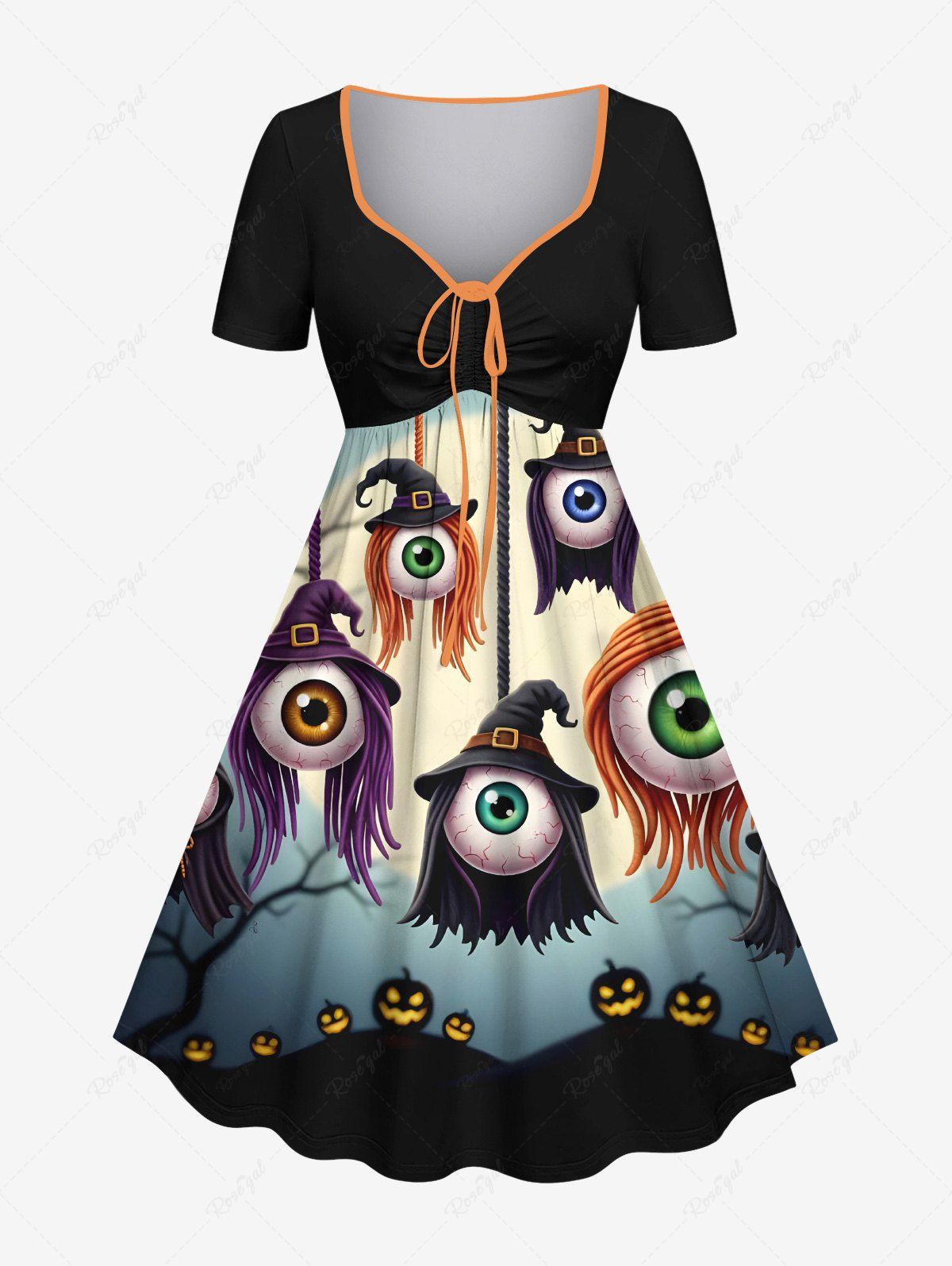 Sale Plus Size Wizard Eye Tree Pumpkin Moon Print Halloween Cinched A Line Dress  