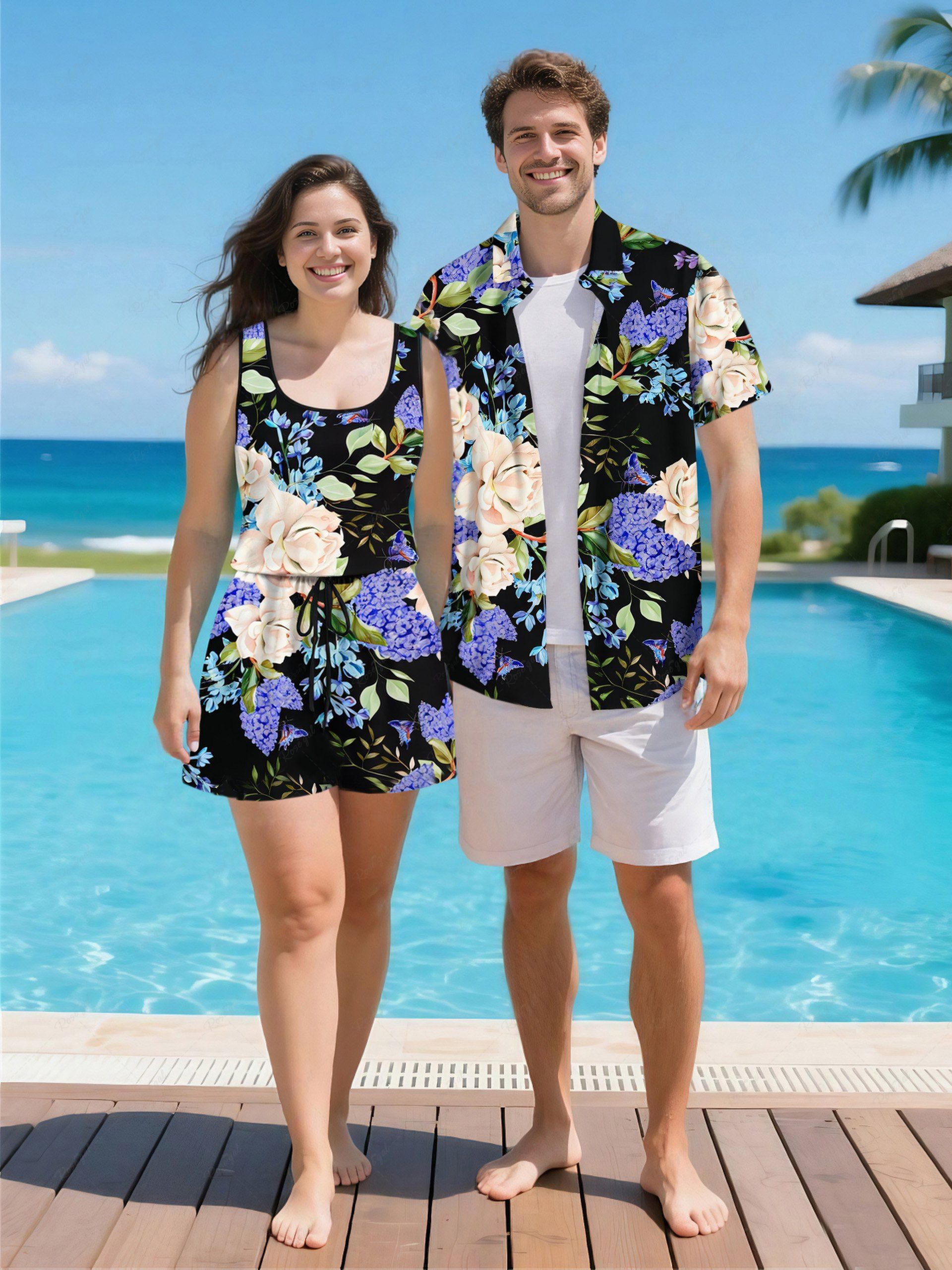 Shops Matching Hawaii Shirt and Romper Plus Size Beach Outfit Flower Leaf Branch Butterfly Print For Couples  