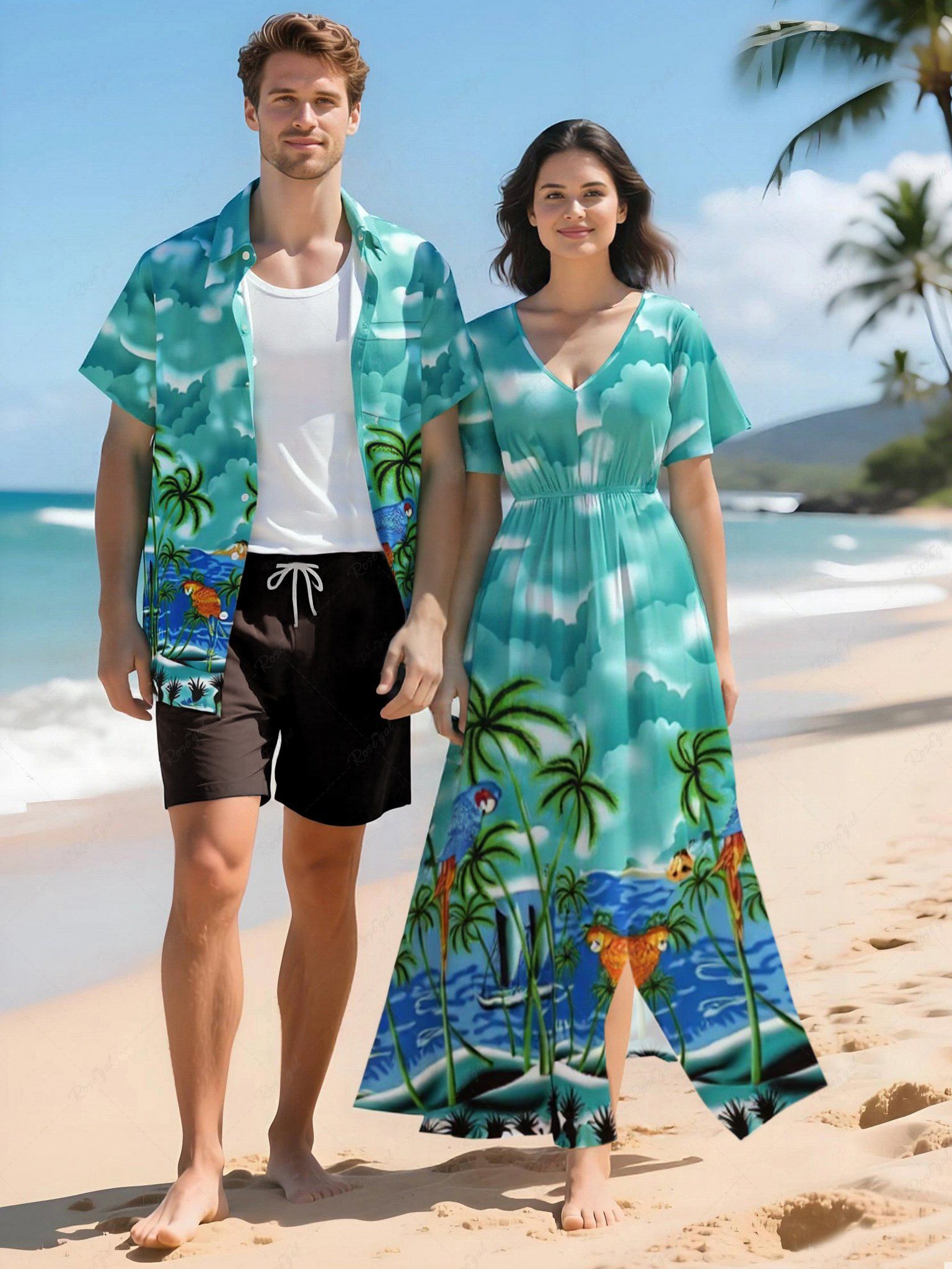 Best Coconut Tree Sea Parrot Ombre Cloud Print Plus Size Matching Hawaii Beach Outfit For Couples  