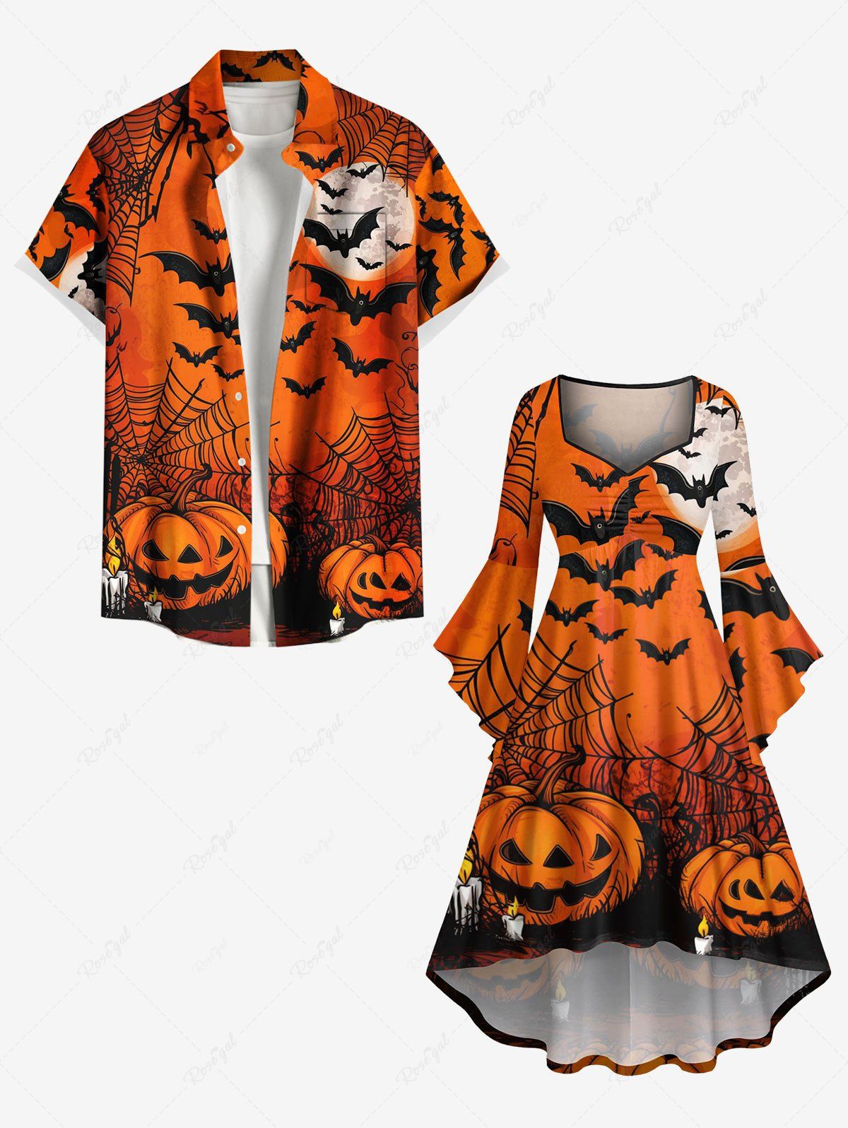 Shops Halloween Pumpkin Spider Web Bat Moon Print Plus Size Matching Outfit For Couples  