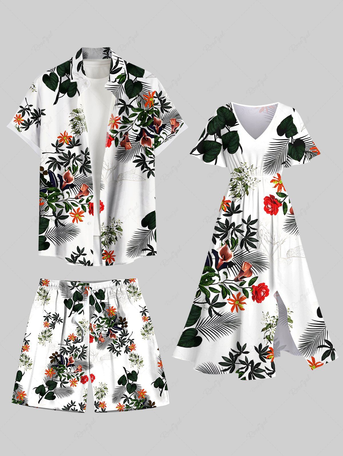 Fashion Tropical Leaf Flower Print Plus Size Matching Hawaii Beach Outfit For Couples  