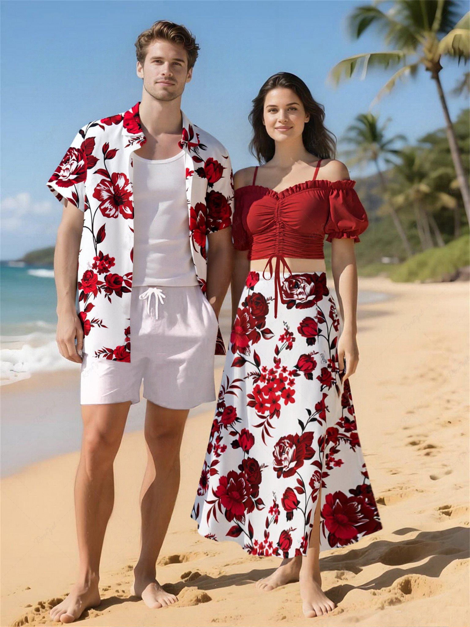 Hot Flower Leaf Branch Print Plus Size Matching Hawaii Beach Outfit For Couples  