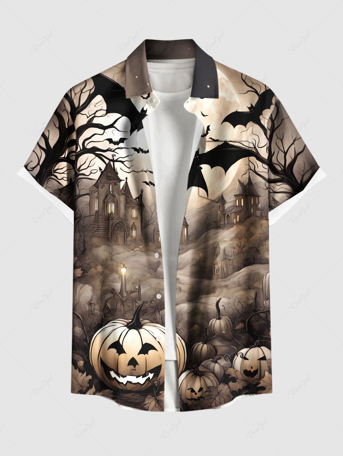 Chemise grande taille à boutons et poches pour homme, motif citrouille, chauve-souris, arbre, château, Halloween Brun Légère 5XL