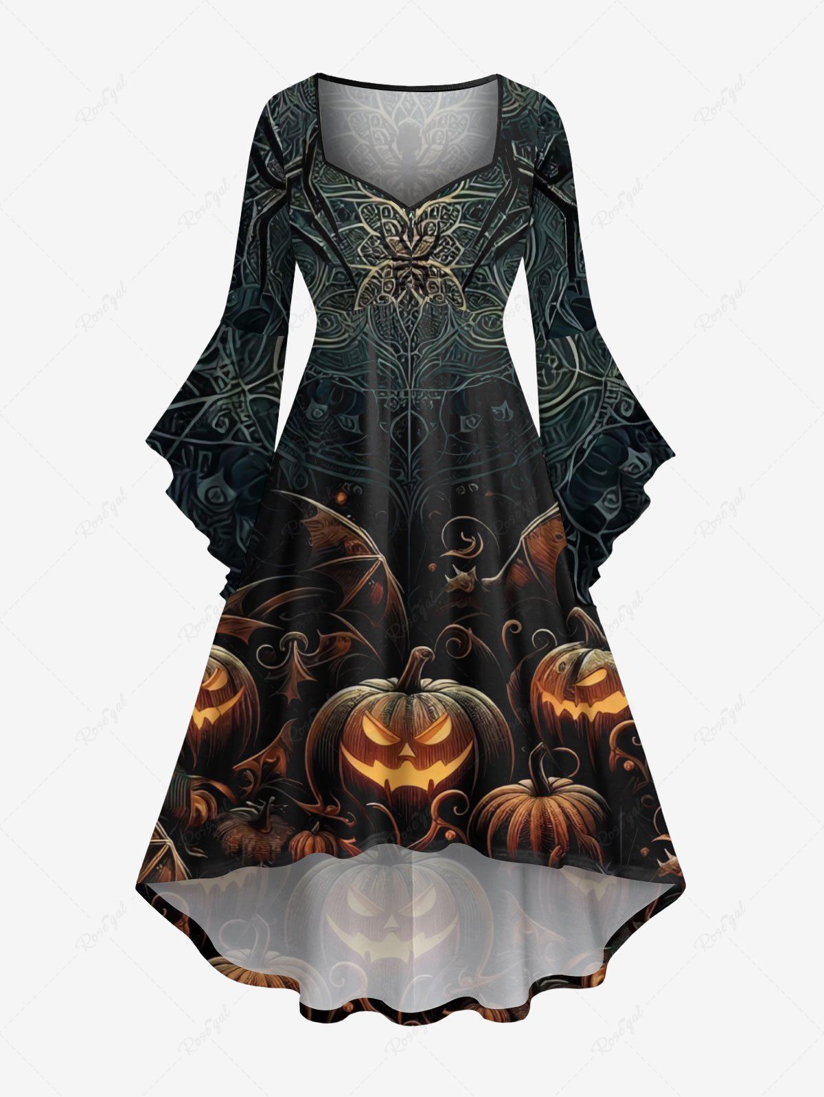 Best Plus Size Halloween Pumpkin Bat Floral Pattern Print Ruched Flare Sleeves High Low Dress  