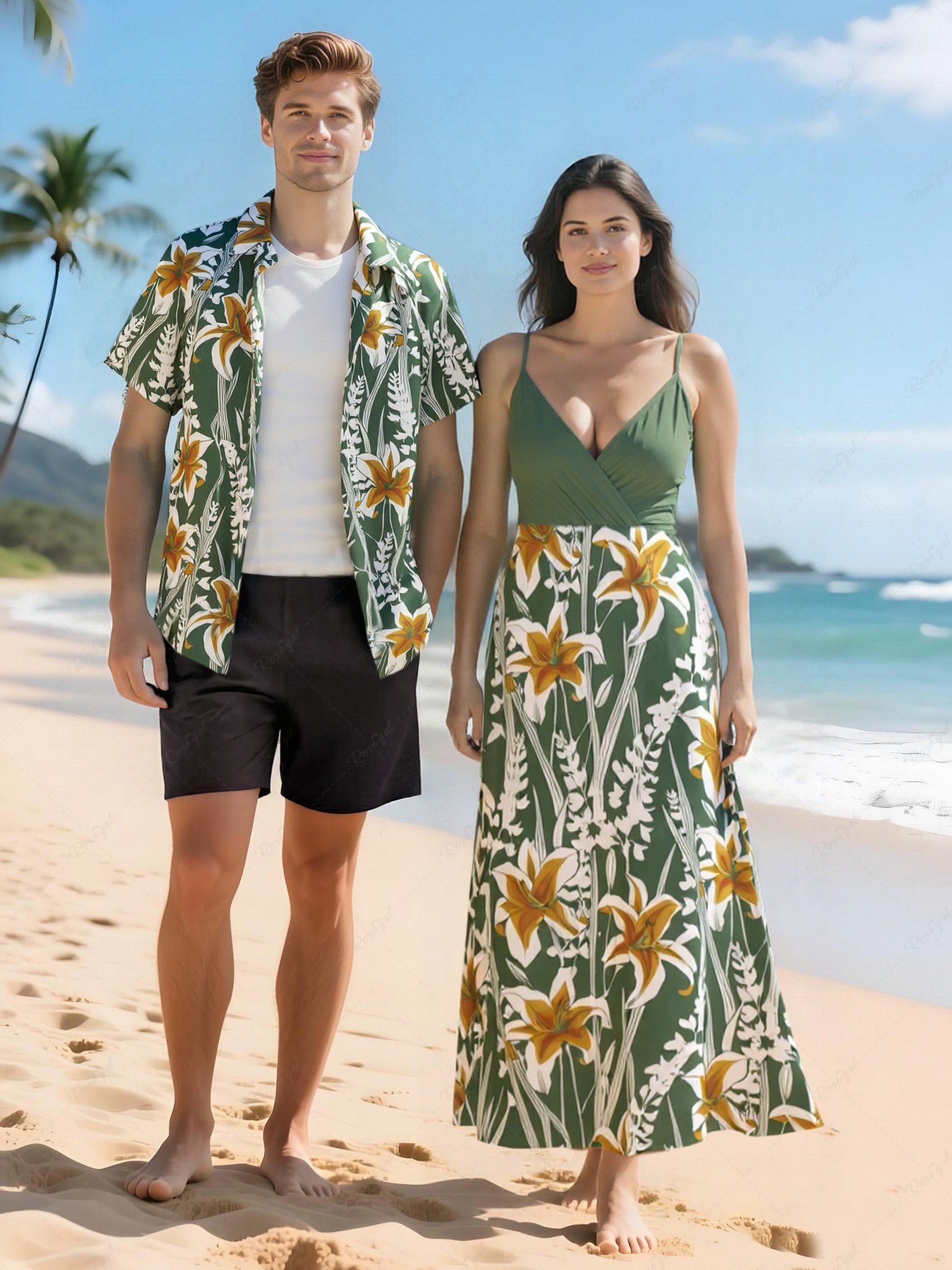 Shops Flowers Leaf Print Plus Size Matching Hawaii Beach Outfit For Couples  