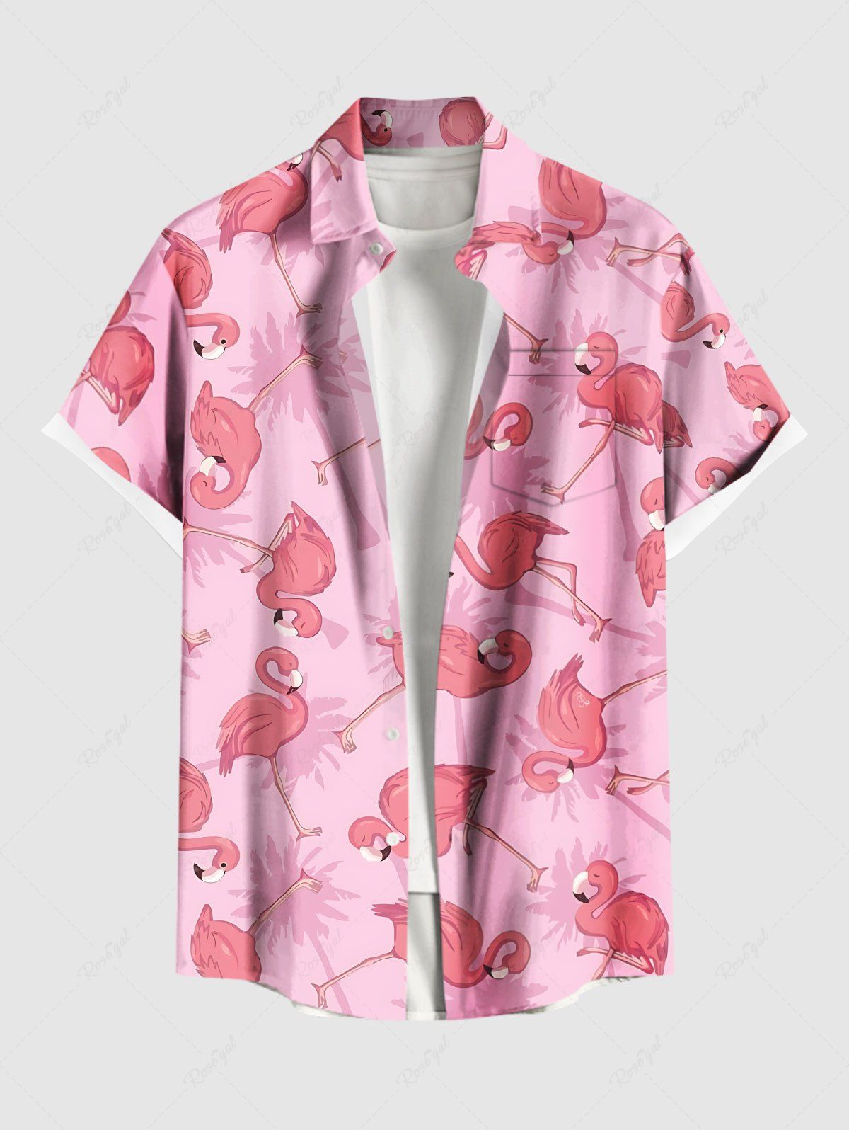 Shops Plus Size Flamingo Coconut Tree Print Buttons Pocket Hawaii Shirt For Men  