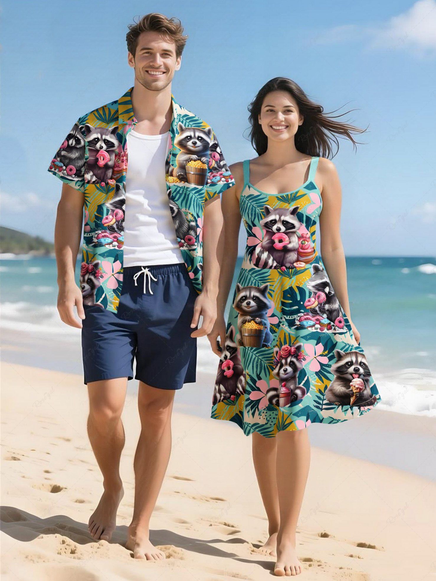 Unique Flowers Tropical Leaf Raccoon Print Plus Size Matching Hawaii Beach Outfit For Couples  