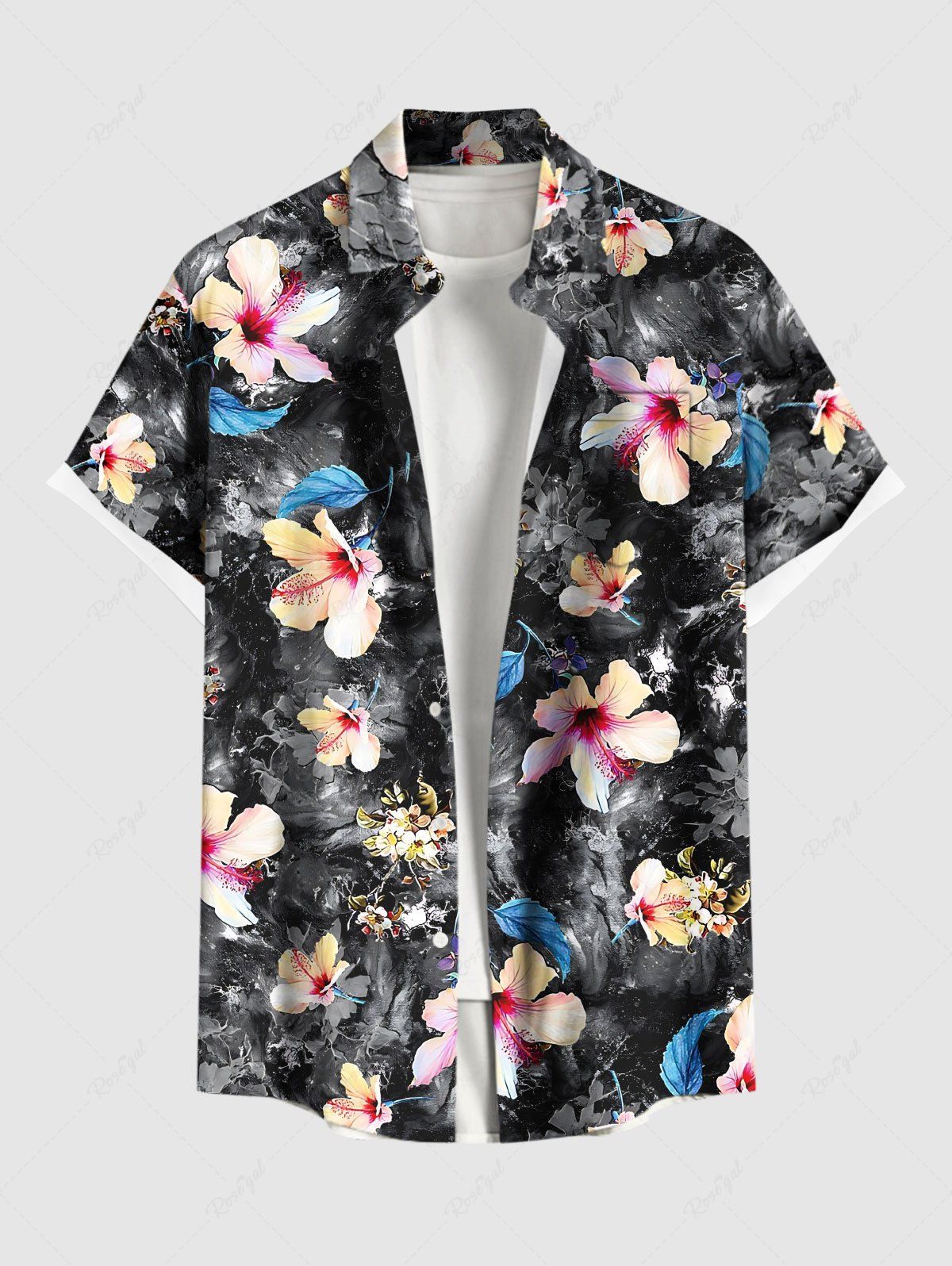 Chemise hawaïenne grande taille à imprimé feuilles d'hibiscus et boutons avec poche pour homme Noir 6XL