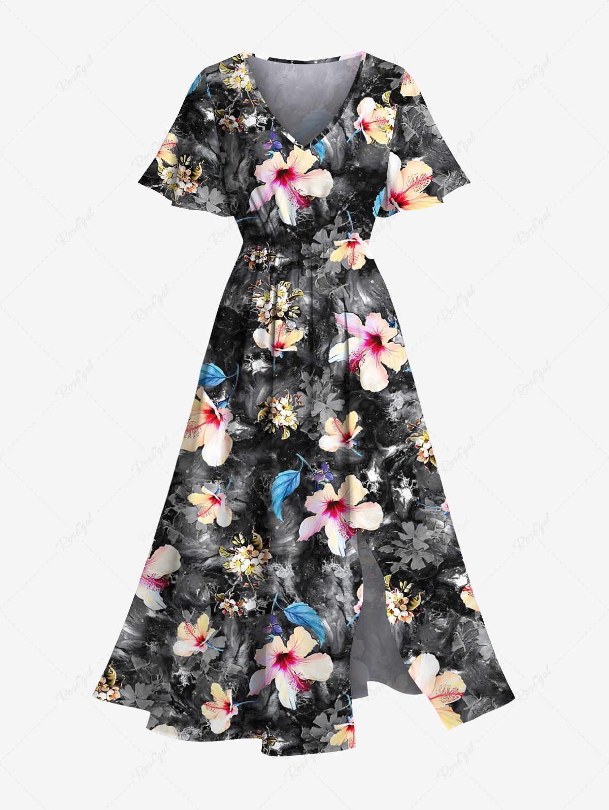 Shop Plus Size Hibiscus Flowers Leaf Print Split Hawaii Midi Dress  