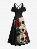 Tenue assortie grande taille pour couples, motif tête de mort, roses et fleurs, pour Halloween - Noir 