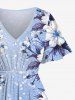 Plus Size Flower Leaf Print Hawaii Split Pocket A Line Midi Dress -  