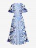 Plus Size Flower Leaf Print Hawaii Split Pocket A Line Midi Dress -  