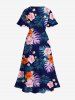 Plus Size Tropical Leaf Hibiscus Flower Print Hawaii Split Pocket A Line Midi Dress -  