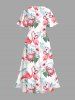 Plus Size Tropical Leaf Hibiscus Flower Flamingo Print Hawaii Split Pocket A Line Midi Dress -  